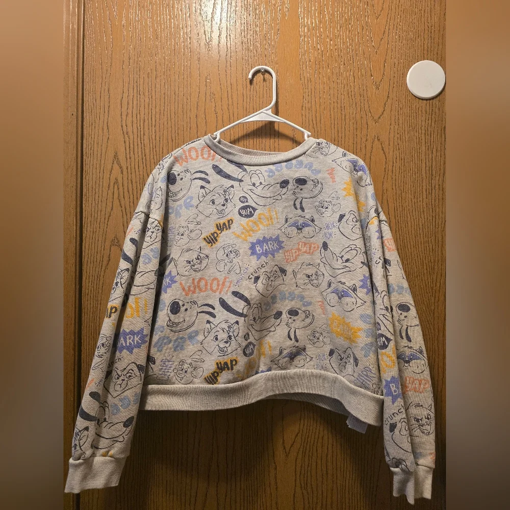 Disney Parks Gray Animal Critters Crop Sweater Women XL Goofy Meeko Pluto - Picture 1 of 6
